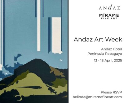 Invitation for Andaz Art Week, on the left a graffiti-style abstract painting of a landscape, on the right black text on white background. For Andaz Art Week Easter