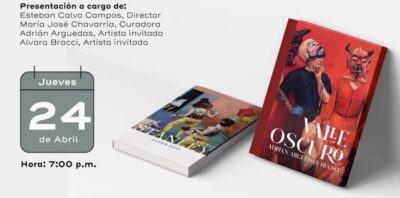 Poster advertising a catalogue launch for Valle Oscuro. A calendar with 24, and an image of a red book.