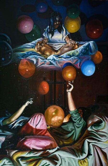Dreamy, surreal childhood wonder painting of two figures, one appearing to float above with colourful orbs surrounding them.