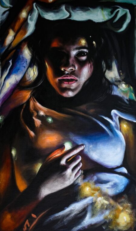 REM painting of a young woman lying down wrapped in fabric and glowing orbs around her. She looks straight out at the viewer