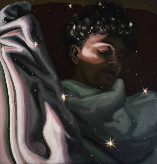 Dark, close-up portrait painting of a boy or man sleeping with fabric and orbs surrounding the face. Morpheus and his Stars.