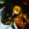 Dark painting of a reclining figure holdig a golden orb with fabric around them. The Golden Moon. From the show Dreamland Jesus Mejia.