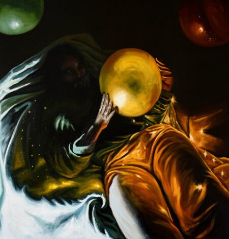 Dark painting of a reclining figure holdig a golden orb with fabric around them. The Golden Moon. From the show Dreamland Jesus Mejia.