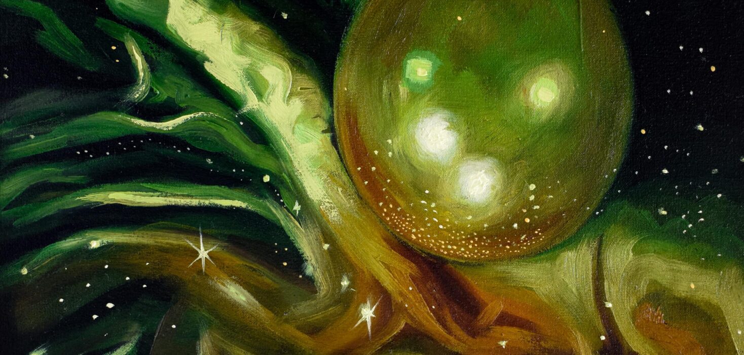 painting called Emerald Illusion featuring an emerald ball or orb surrounded by gold, green and yellow fabric. Jesus Mejia Dreamland show.