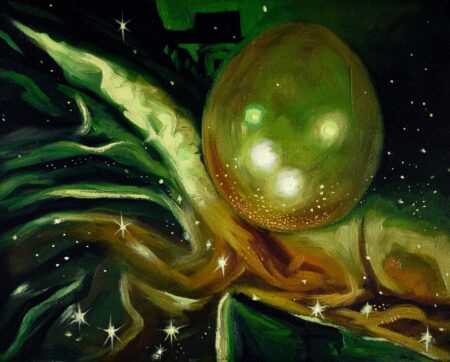 painting called Emerald Illusion featuring an emerald ball or orb surrounded by gold, green and yellow fabric. Jesus Mejia Dreamland show.