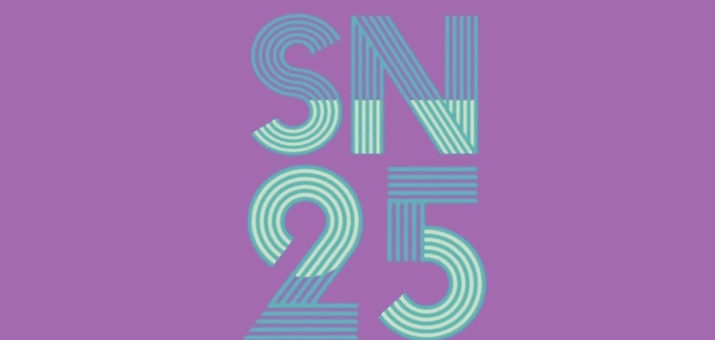 Purple background with letters SN and numbers 25 in light blue/green, advertising the Salón Nacional 2025