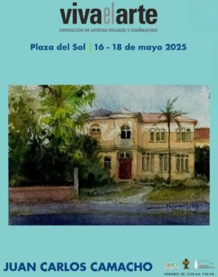 Teal background with writing "viva el arte" advertising the art festival in Costa Rica