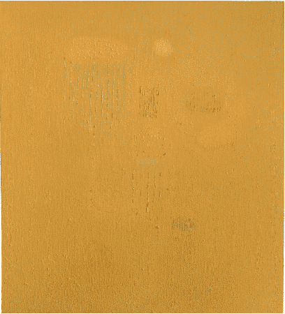 Yellow abstract painting with faint forms of clouds and rain.