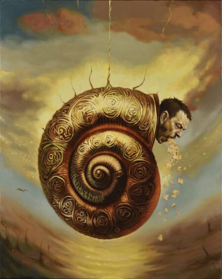 Suspended codicia cocoon painting with body inside a shell, a face exposed. Gold, orange and yellow colours.