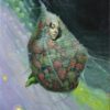 Suspended envidia cocoon painting with body inside, a face exposed. Green, purple and black colours.
