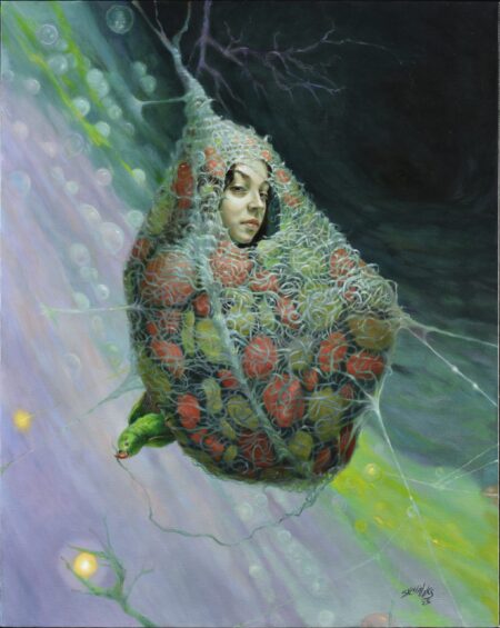 Suspended envidia cocoon painting with body inside, a face exposed. Green, purple and black colours.