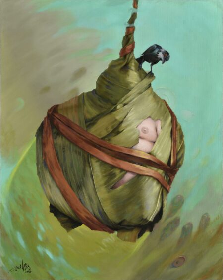 Suspended cocoon with body inside, breast exposed, with a raven sitting on top. Blue, green and turquoise colour palette.