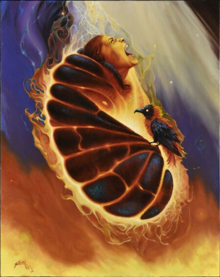 Fiery spectacle painting in orange, brown and purple, of a figure screaming from a burning cocoon. Unsettling and surreal oil on canvas from Sylvia Laks' Seven Capital Sins series.