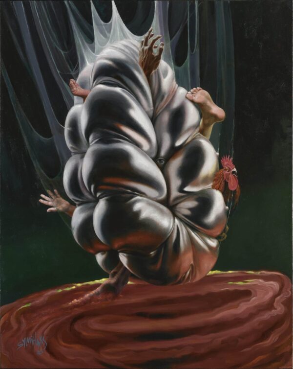 Dark painting of bodies cocooned together with limbs sticking out. An oil on canvas by Sylvia Laks.