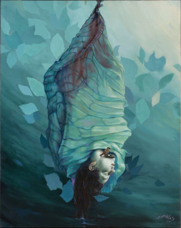 Blue and green painting of a figure wrapped in a green form. Unsettling and surreal oil on canvas from Sylvia Laks' Seven Capital Sins series.