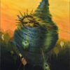 Orange sky with a cocooned figure wrapped in a green form. Unsettling and surreal oil on canvas called Soberbia.