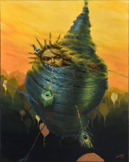 Orange sky with a cocooned figure wrapped in a green form. Unsettling and surreal oil on canvas called Soberbia.