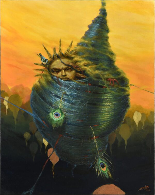 Orange sky with a cocooned figure wrapped in a green form. Unsettling and surreal oil on canvas called Soberbia.