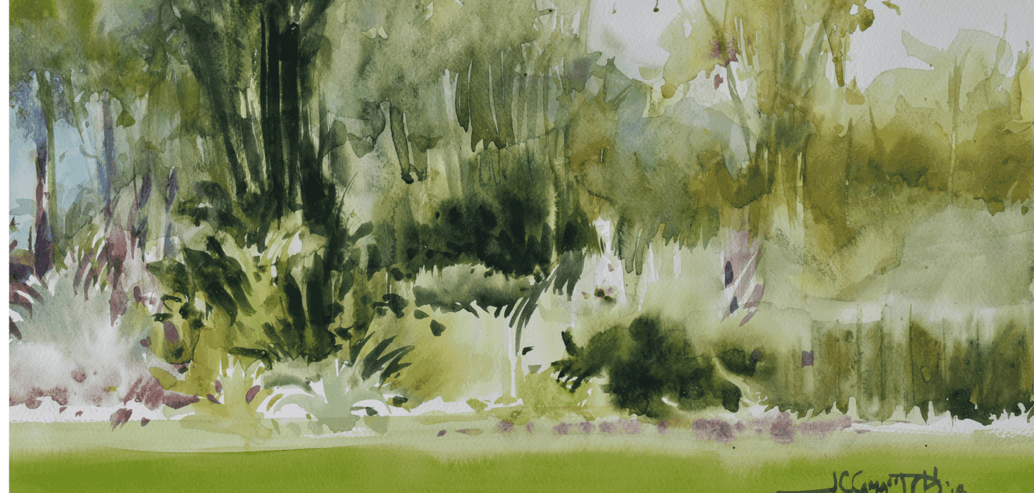 Green watercolour with foliage and grass in the foreground. An example of green season art in Costa Rica.