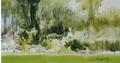 Green watercolour with foliage and grass in the foreground. An example of green season art in Costa Rica.