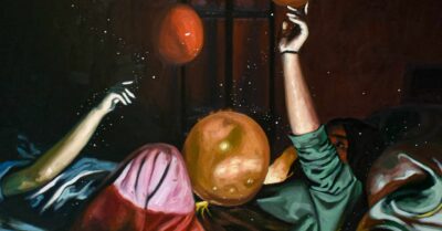 Painting of two figures lying down extending arms in the air towards floating balloons. By artist Jesus Mejia exhibiting in Escazu San José.