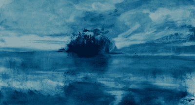 Blue abstract landscape painting featuring the ocean and a blurry island shape on the horizon. An example of Anaskina's landscape painting.