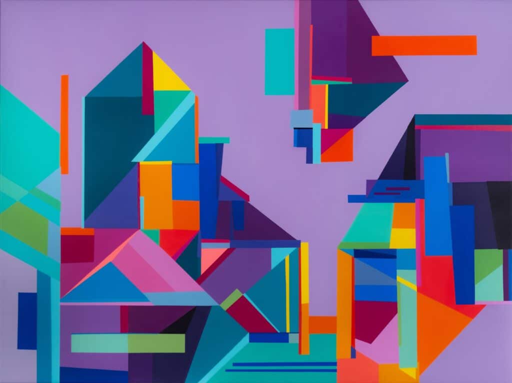 Bright, colourful geometric urban landscape painting featuring purple, red, blue, pink, orange, turquoise, yellow blocks, rectangles and squares.