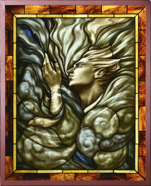 Example of figurative stained glass piece. A figure emerges from a muted colour tone with a bed and orange border.