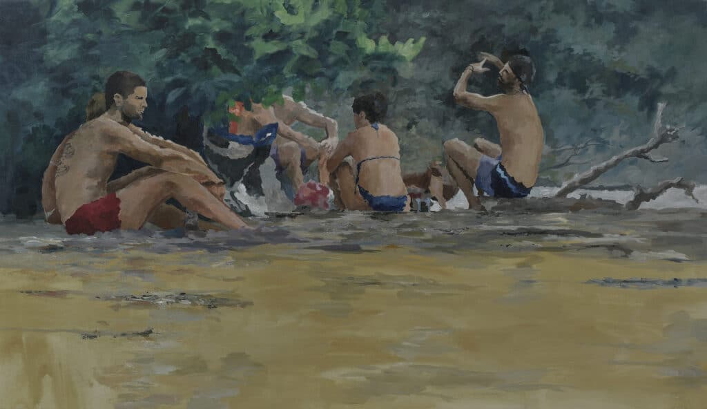 Contemporary figurative painting by Osvaldo Sequeira depicting a group of people in swimwear gathered by a riverbank. Figures sit and recline in relaxed poses against a backdrop of dense green foliage, with warm earthy tones in the foreground water and sand.