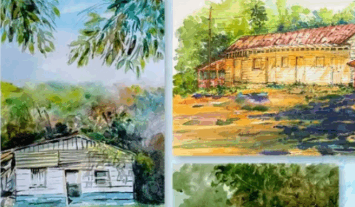 Collage of Costa Rican watercolor paintings depicting rustic houses and lush greenery, part of the exhibition Isla Chira: Réplicas de un ride at Galería Rafael (Felo) García in San José. Representing the Costa Rican exhibitions w/c 25 August 2025.