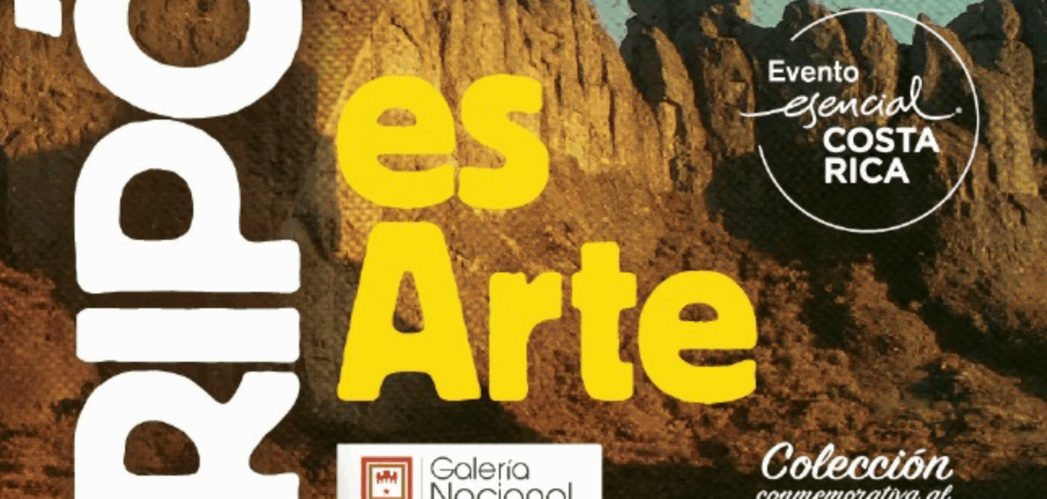 Exhibition poster for El Chirripó es Arte at the San José National Gallery, celebrating the 50th anniversary of Chirripó National Park. The poster features bold yellow and white typography against a mountain backdrop, with details of the show running from 4–28 September 2025. Artists include Flory Fonseca, Gilberto Ramírez, Milena Elizondo, Oscar Abarca, Carmen Elizondo, and Carlos García. The event is free to the public and supported by cultural institutions and sponsors including Radisson San José, La República, and Zima Hotel.