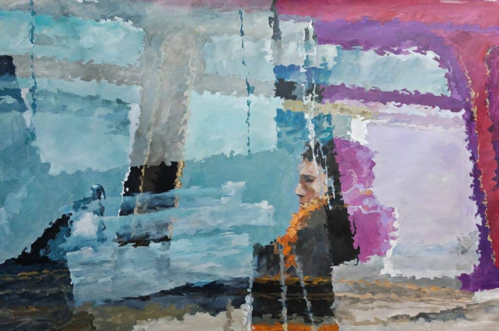 A contemporary figurative painting by Costa Rican artist Osvaldo Sequeira, depicting a side profile of a figure against fractured planes of blue, purple, and grey, with the image appearing distorted as if seen through glass or reflection.