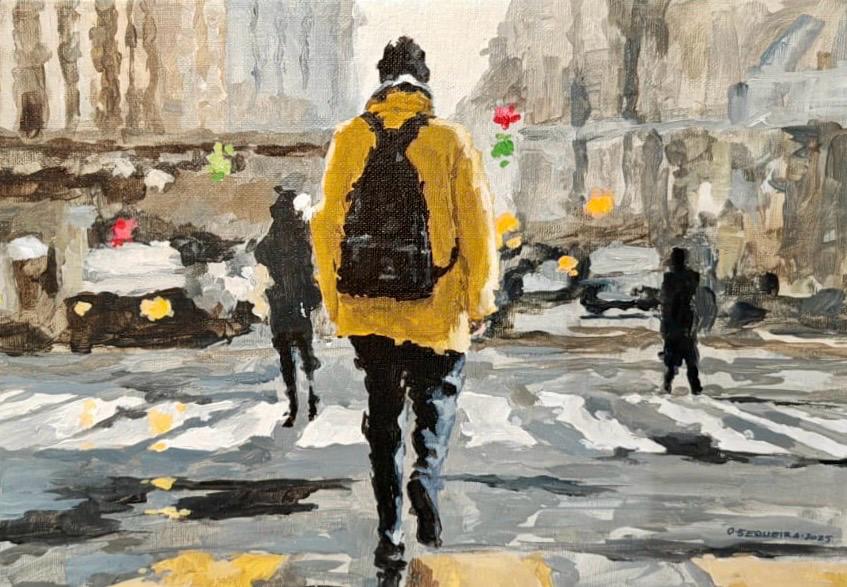 A contemporary figure painting by Costa Rican artist Osvaldo Sequeira, showing the back of a figure in a yellow coat and backpack crossing a busy urban street, with blurred cars, buildings, and pedestrians in the background.