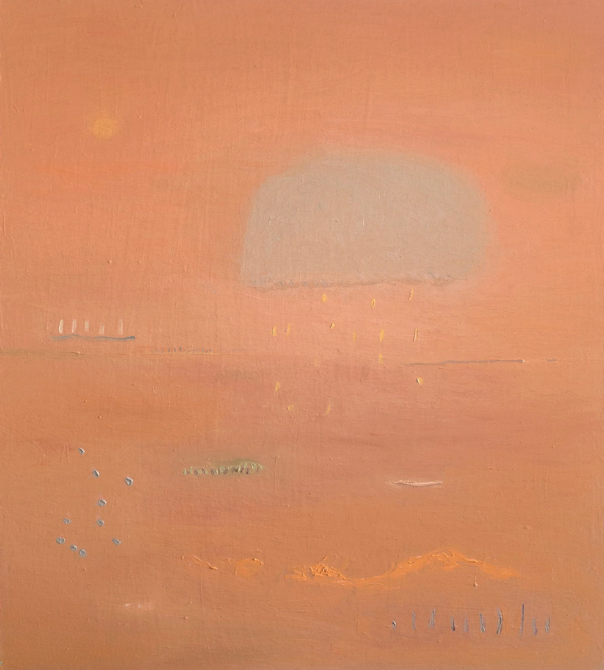 orange abstract painting with green and brighter orange squiggles. Peninsula Papagayo art exhibition.