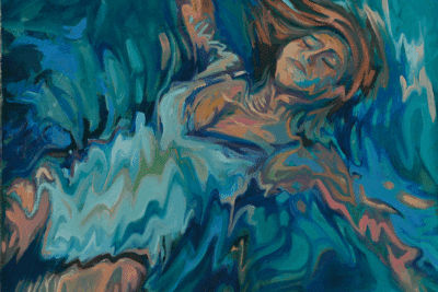 Painting of a woman floating in water, lots of blues, greens and turquoises, by Karla Herencia, a figure in the Latin American art scene
