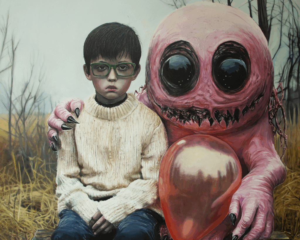 The Neighbors (2025), oil and acrylic on canvas by Sofía Ruiz Costa Rican artist. A young boy in glasses and a cream sweater sits on a bench beside a fantastical pink creature holding a balloon, set against a barren landscape.