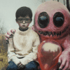The Neighbors (2025), oil and acrylic on canvas by Sofía Ruiz Costa Rican artist. A young boy in glasses and a cream sweater sits on a bench beside a fantastical pink creature holding a balloon, set against a barren landscape.