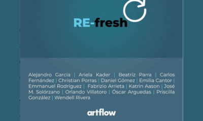 Save the date poster for RE-fresh, opening 24 September 2025 at 6:30 pm at San José gallery artflow, featuring artists including Carlos Fernández, Christian Porras, Emilia Cantor, Katrin Aason, and Emmanuel Rodríguez.