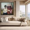 Surreal painting called The Neighbors featuring a child in a cream jumper sitting next to a pink fantastical creature. The painting hangs on the wall of a contemporary living space with an ocean view.