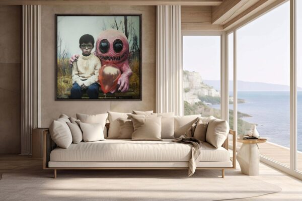 Surreal painting called The Neighbors featuring a child in a cream jumper sitting next to a pink fantastical creature. The painting hangs on the wall of a contemporary living space with an ocean view.
