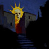 A latin american contemporary painting titled Ecos del Primer Dios, a surreal sun face painting, by Emilia Cantor depicts a glowing golden face with sun-like rays emerging between darkened buildings under a deep blue night sky. The face, illuminated against the shadowed architecture, gazes outward with an expression that feels both human and divine. Bold brushstrokes and rich tones of blue, gold, and red create a sense of mystery and tension, while the foreground dissolves into near-black shadow, suggesting a stairway or passage leading into darkness.