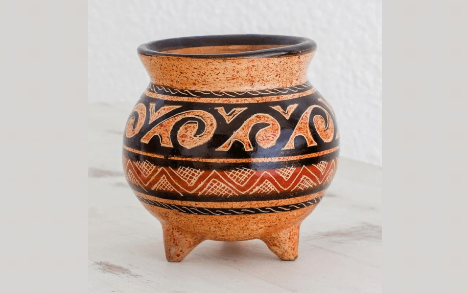 Chorotega pottery from Guaitil, Costa Rica — a traditional ceramic vessel featuring hand-carved geometric and spiral designs in natural pigments, representative of one of the country’s enduring Indigenous craft traditions, referecing Dia de las Culturas