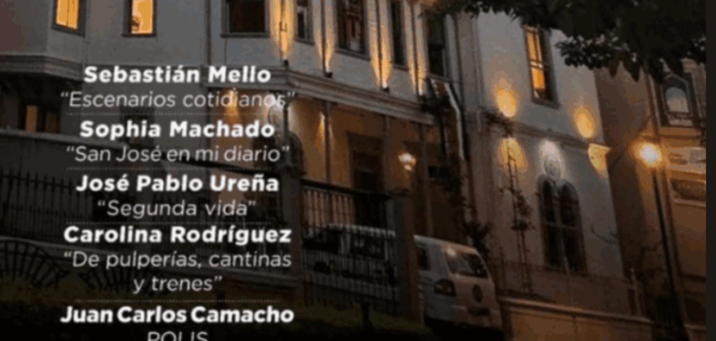 Promotional image for the exhibition Polis at Galería Talentum, showing the gallery’s historic building at dusk with the participating artists’ names: Sebastián Mello, Sophia Machado, José Pablo Ureña, Carolina Rodríguez, and Costa Rican watercolour artist Juan Carlos Camacho