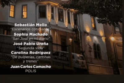 Promotional image for the exhibition Polis at Galería Talentum, showing the gallery’s historic building at dusk with the participating artists’ names: Sebastián Mello, Sophia Machado, José Pablo Ureña, Carolina Rodríguez, and Costa Rican watercolour artist Juan Carlos Camacho