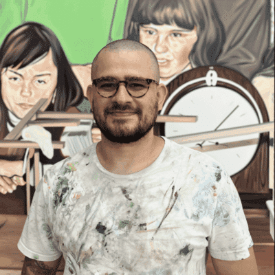Artist portrait of Emmanuel Rodriguez-Chaves in his studio in San José, Costa Rica
