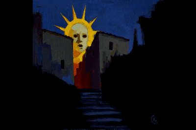 A latin american contemporary painting titled Ecos del Primer Dios by Emilia Cantor depicts a glowing golden face with sun-like rays emerging between darkened buildings under a deep blue night sky. The face, illuminated against the shadowed architecture, gazes outward with an expression that feels both human and divine. Bold brushstrokes and rich tones of blue, gold, and red create a sense of mystery and tension, while the foreground dissolves into near-black shadow, suggesting a stairway or passage leading into darkness.