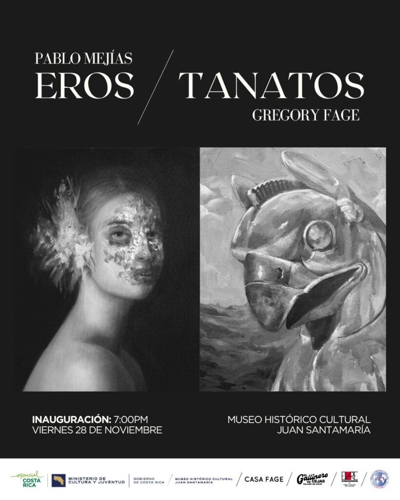 Black background with white writing advertising "Eros and Tanatos", an exhibition of Latin American dark figurative art by Gregory Fage and Pablo Mejias.