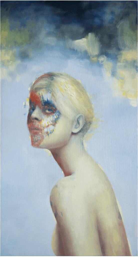 Soft pastel blue background with a ghostly figure with the head turned towards us