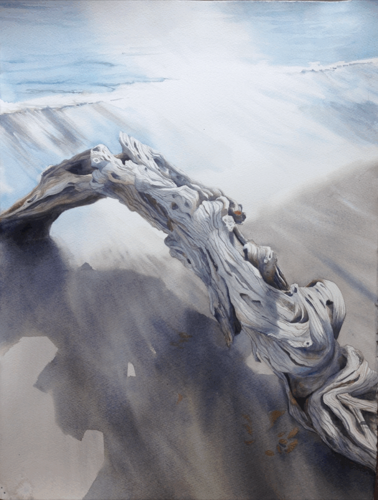 Coastal landscape painting, a watercolour of a piece of drfitwood on sand, stretching into the blue of the ocean
