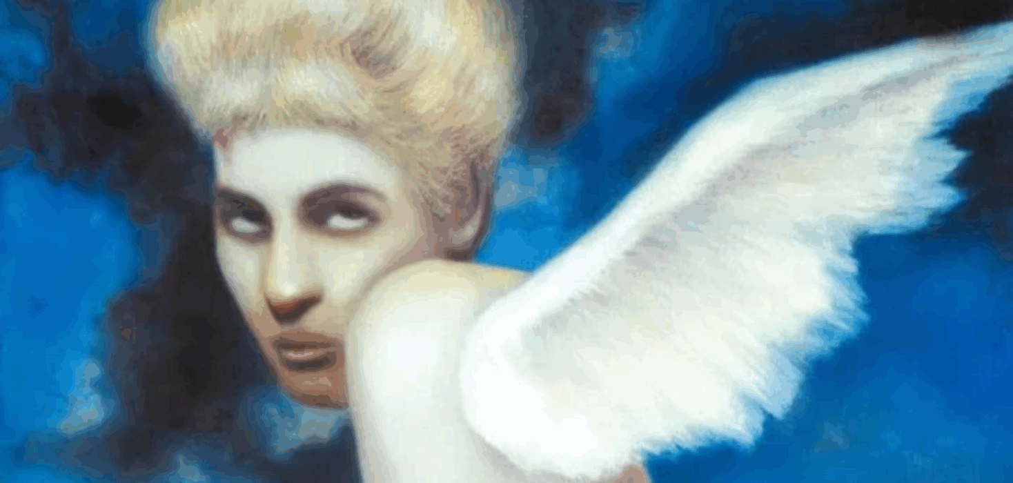 Blue and black background with a winged figure shown from the shoulders up, stares out at us. A painting in the Pablo Mejias and Gregroy Fage group exhibition in Alajuela, November 2025